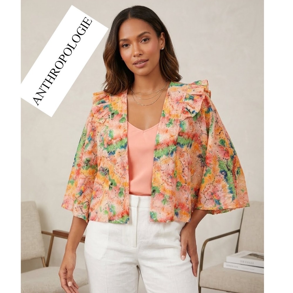 Anthropologie Floral Lace Kimono Jacket Ruffle Tie‎ Dye Pink Green One Size OS